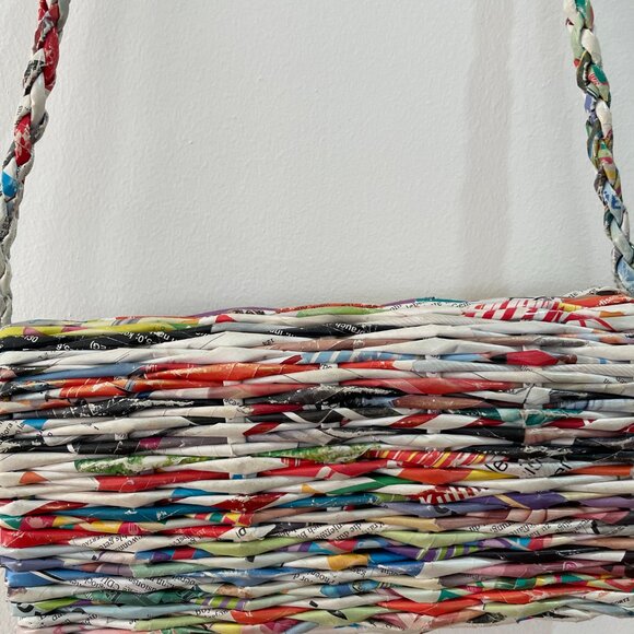 Recycled Rolled Newspaper Magazine  10”  Purse With Paper Braided Strap - Picture 4 of 6